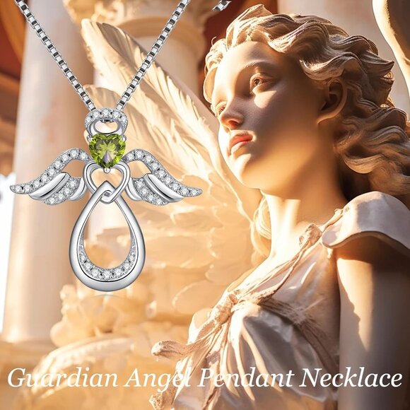 925 Sterling Silver Guardian Angel Pendant Necklace, 12 Birthstones, 19 inch Cha - Picture 5 of 7
